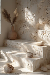 Minimal Product Stone Podium - Natural Elements Display with Seashells and grass generated