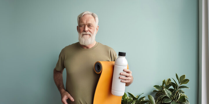 Senior man holding yoga mat and water bottle getting ready for exercise