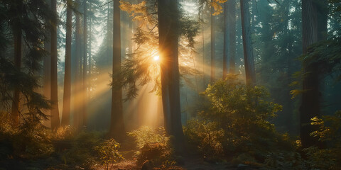 Naklejka premium Golden sunbeams illuminating misty redwood forest at sunrise
