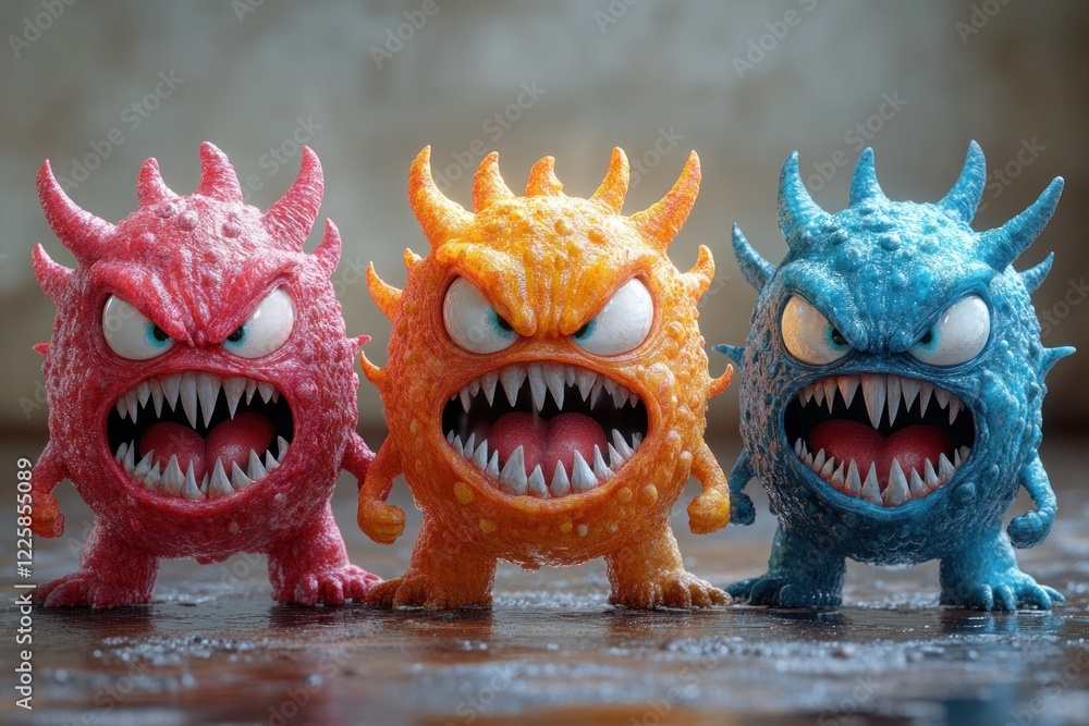 Poster three realistic cartoon viruses display fierce expressions in vibrant colors against a textured back