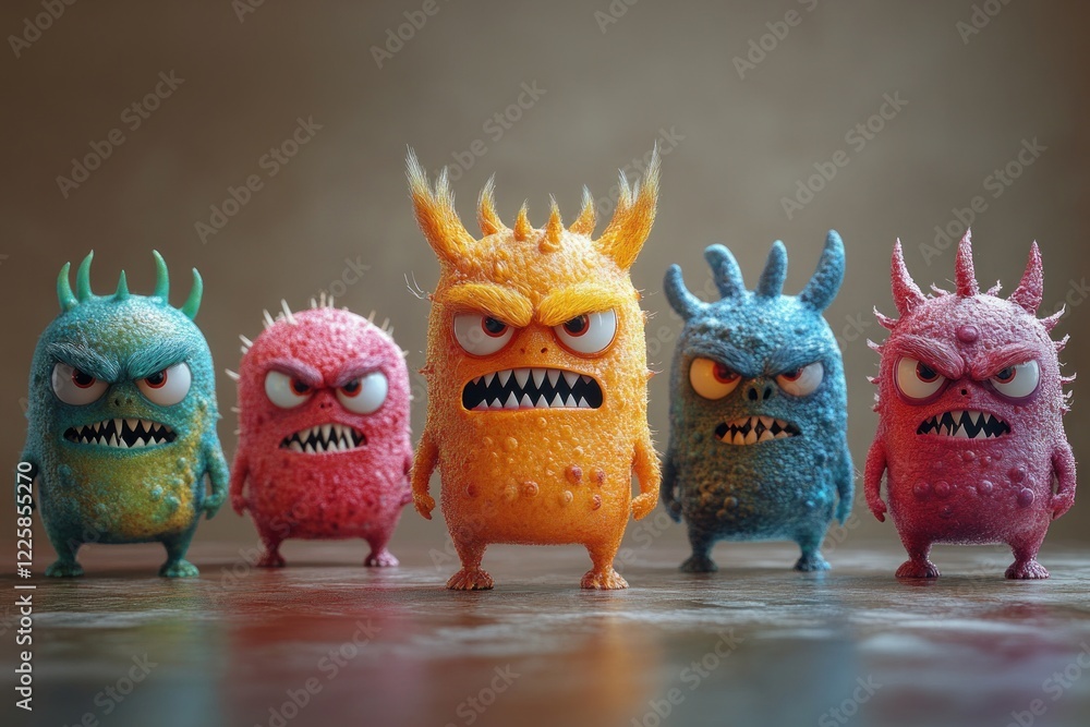 Poster five realistic cartoon viruses display angry expressions, standing shoulder to shoulder. each virus 
