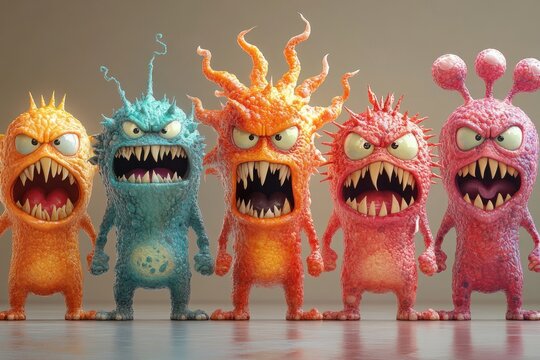 A group of five colorful, cartoon viruses stands side by side, displaying fierce expressions. Each virus features unique designs, showcasing bright colors and playful yet menacing appearances