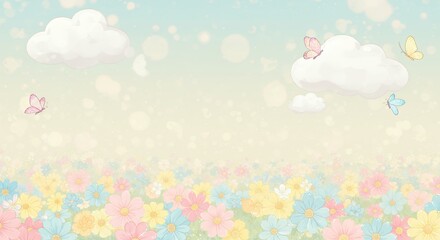 Pastel Flower Field with Butterflies and Clouds Wall Art