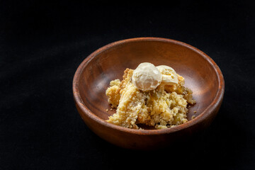 A classic spiced dessert encased in a buttery, flaky crust. Warm and cozy, with a scoop of vanilla ice cream. Copy spase