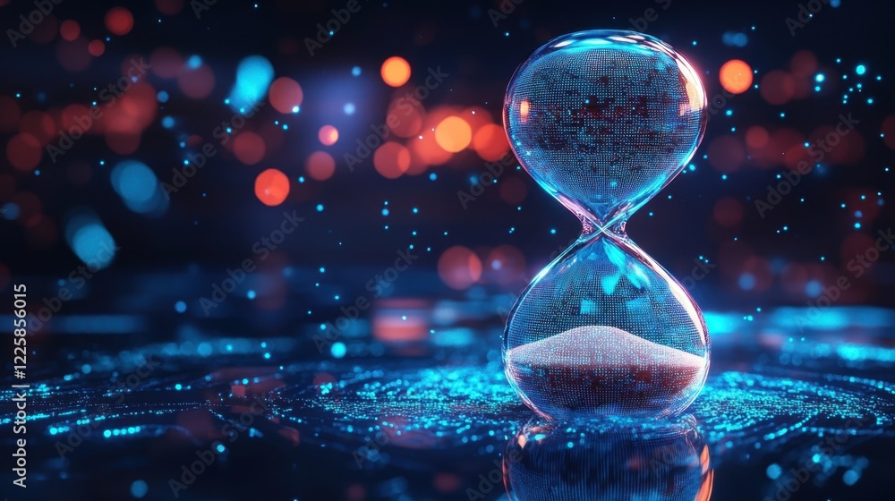 Poster digital hourglass measuring data flow with glowing particles in a dark background, symbolizing the p