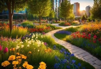 Obraz premium stunning urban park design featuring vibrant lush colorful flower inviting recreational spaces, landscape, greenery, flowers, pathways, trees, benches