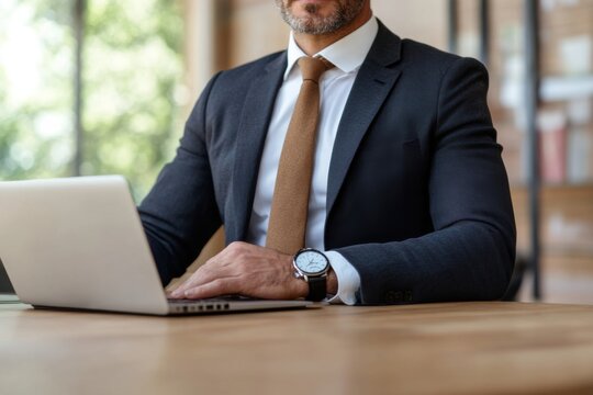 man in a suit is writing something on a tablet. He's wearing a tie and a watch. business and finance, person head of the company - Powered by Adobe