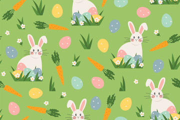 seamless easter pattern with rabbits, carrots, eggs, grass and daisy flowers - vector illustration