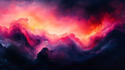 Abstract vibrant landscape with colorful clouds and mountains.