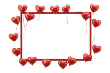 Photo frame with red balloons in heart shape for valentine's day isolated. Blank photo frame with festive balloons, canvas, greeting. Generated with AI.