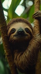 Fototapeta premium HD Phone Wallpaper Adorable Three Toed Sloth Hanging on Tree Branch in Lush Rainforest Habitat