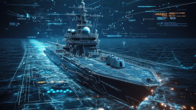 A digital rendering of a naval ship with technical overlays illustrating its design.