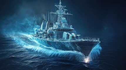 A digital rendering of a naval ship with technical overlays illustrating its design.
