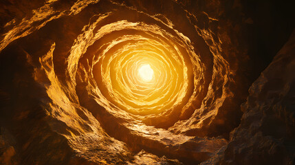 Radiant golden spiral evokes a sense of wonder from an underground abyss at twilight. Golden Cavern. Illustration