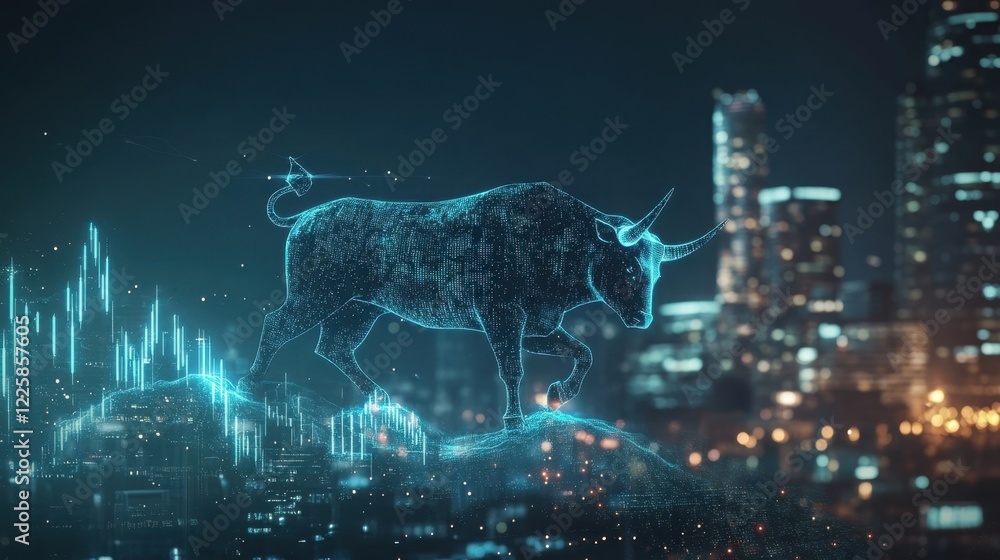 Aufkleber a sleek holographic bull enveloped in luminous digital streams rides a wave of success shown in a sh