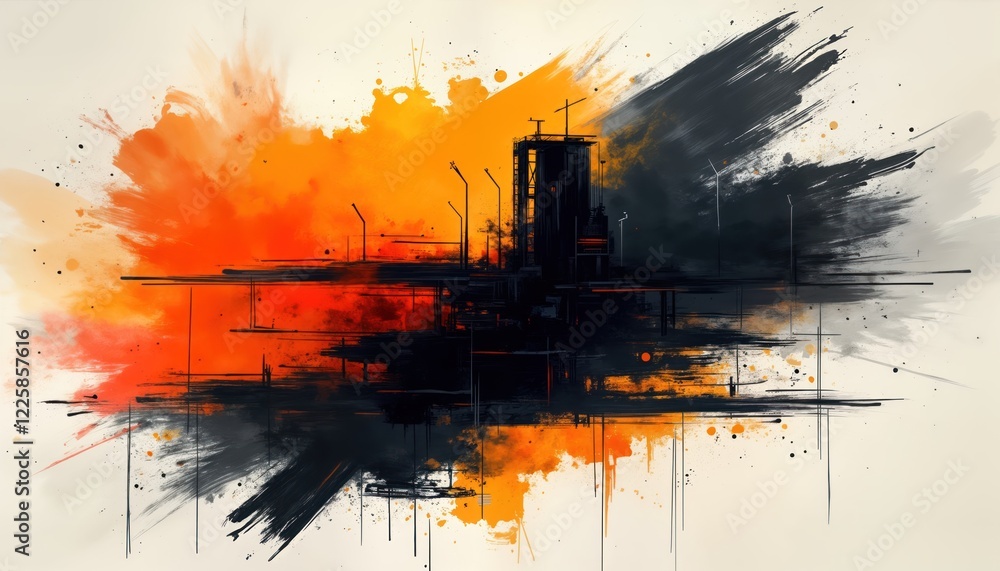 Poster Abstract artwork with dynamic orange, black strokes over light background. Modern design theme with strong visual contrast, motion. Urban landscape industrial scene suggested. Bold colors blend into