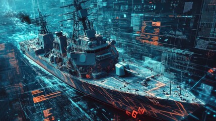 A digital rendering of a naval ship with technical overlays illustrating its design.