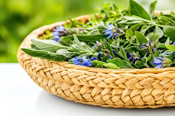 Obraz premium Handmade woven basket filled with sage green herbs and muted blue flowers in a rustic design