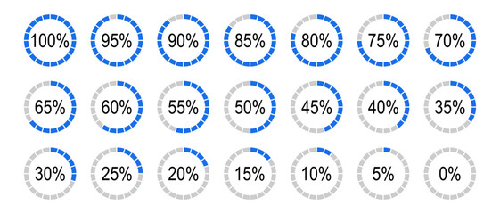 Percentage infographics minimal elements. Round diagrams icons for infographics from 0 to 100 percent. Blue, grey color fill divided pie charts indicator layout. Circle graph loading progress mockup.