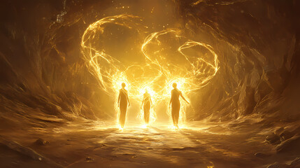 Three golden figures weave light, ancient cavern backdrop. Golden Cavern. Illustration