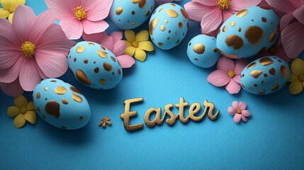 Easter eggs with flowers on blue background.