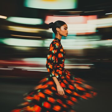 Elegant African Woman in Flowing Floral Dress Walking Through Vibrant City Lights With Motion Blur Effect