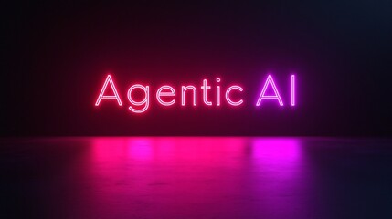 Luminous Agentic AI Text Display Against a Dark Background With Reflective Floor Surface.