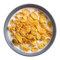 cornflakes in bowl viewed from above and isolated