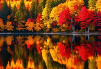 Fototapeta premium vibrant seasonal foliage reflected crystal clear tranquil water during breathtaking scenic display, autumn, colorful, leaves, reflection, surface, shimmer