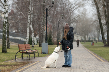 A young woman in a black coat and brown hat is training her white dog in a park. The setting is tranquil with bare trees and a stone path, reflecting a cool, overcast day