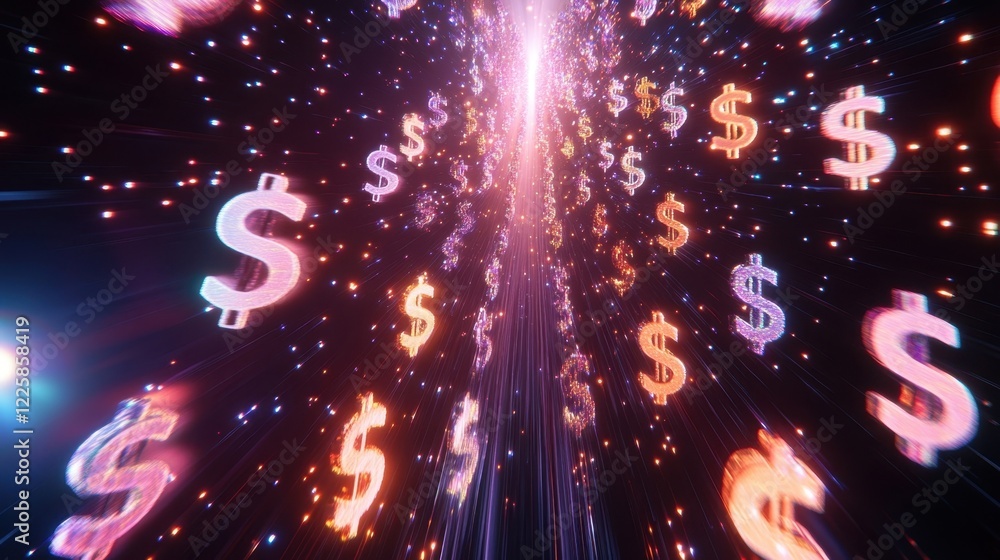 Aufkleber glowing dollar signs are flying through digital space with light streaks and particles, creating a d