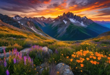 Obraz premium majestic sunrise peeking over serene mountain peaks illuminated golden light vibrant colors clear skies, alpine, atmosphere, beauty, breathtaking, calm