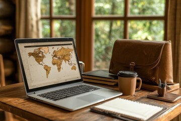 world map, a laptop stands on a wooden table with an open screen with a world map. vintage photo of the map. traveling, exploring countries