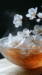 Steaming tea in glass bowl with delicate white blossoms.