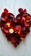 Romantic heart shape made of red rose petals and candles.