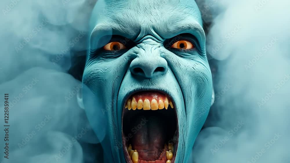 Poster a man with a blue face and red eyes is screaming in a cloud of smoke. the image has a creepy and uns