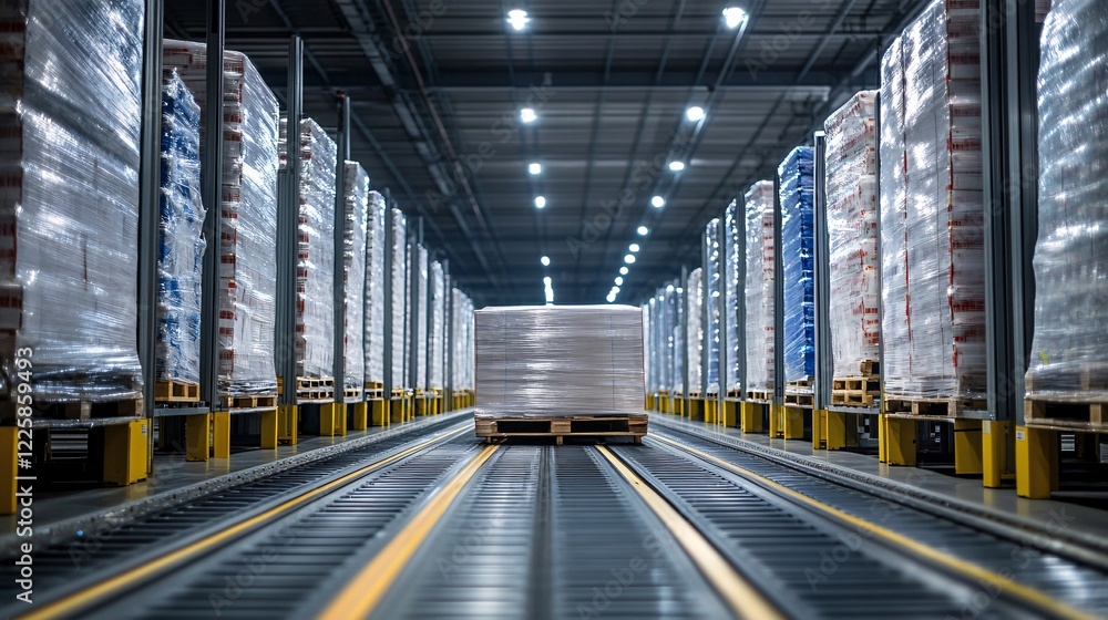 Poster Automated pallet conveyor system moving through a distribution warehouse