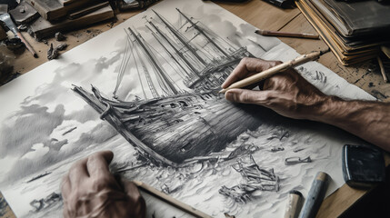 Close-up photo of an artist sketching a detailed shipwreck, showcasing intricate pencil work on the ship's destruction and details.