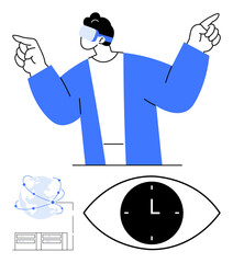 Man wearing VR headset gestures with fingers. Globe with nodes, digital files, eye with a clock highlight global connections, time, tech evolution. Ideal for innovation, VR, time connectivity