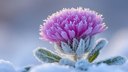 Frost-covered pink flower in snow.
