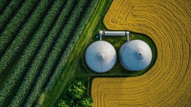 Two grain silos standing between lush green and yellow farm fields