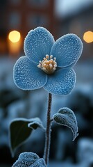 Frost-covered flower in winter, close-up.