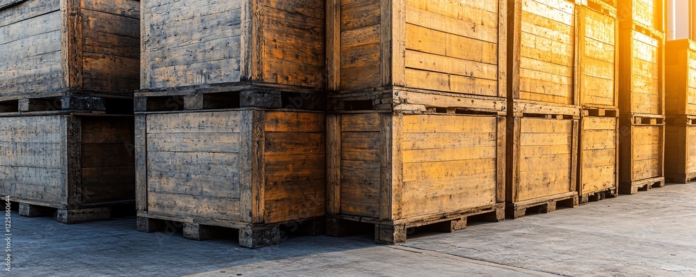 Poster warehouse storing wooden crates for shipping and delivery