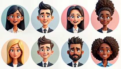 Diverse group of cartoon characters in business suits. People with different facial expressions, hairstyles. Illustration for avatar sets social media icons. Suitable for business, education web