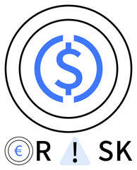 Fototapeta premium Blue dollar symbol encircled, separated euro sign, and warning exclamation mark form the word RISK. Ideal for financial analysis, risk assessment, banking, investment, forex trading, economic