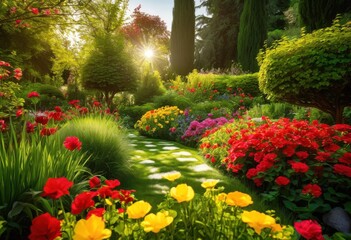 lush green garden space bursting vibrant flowers creating colorful inviting landscape outdoor enjoyment, bloom, blooming, flora, gardening, petal, leaf