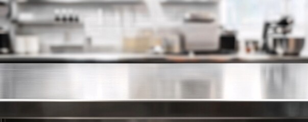 Empty metal countertop in a blurred modern kitchen interior