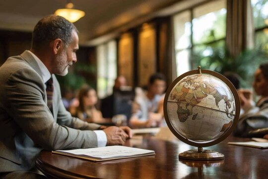 school globe is on the table. A point on the world map. Global network planet Earth. 3D rendering. studying geography at school or college. continents and countries