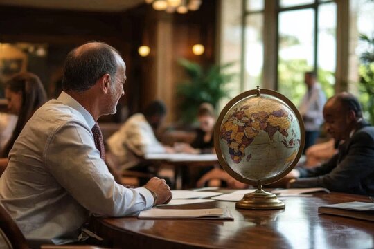school globe is on the table. A point on the world map. Global network planet Earth. 3D rendering. studying geography at school or college. continents and countries