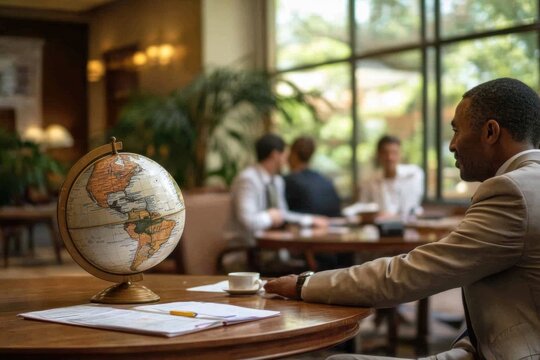 school globe is on the table. A point on the world map. Global network planet Earth. 3D rendering. studying geography at school or college. continents and countries